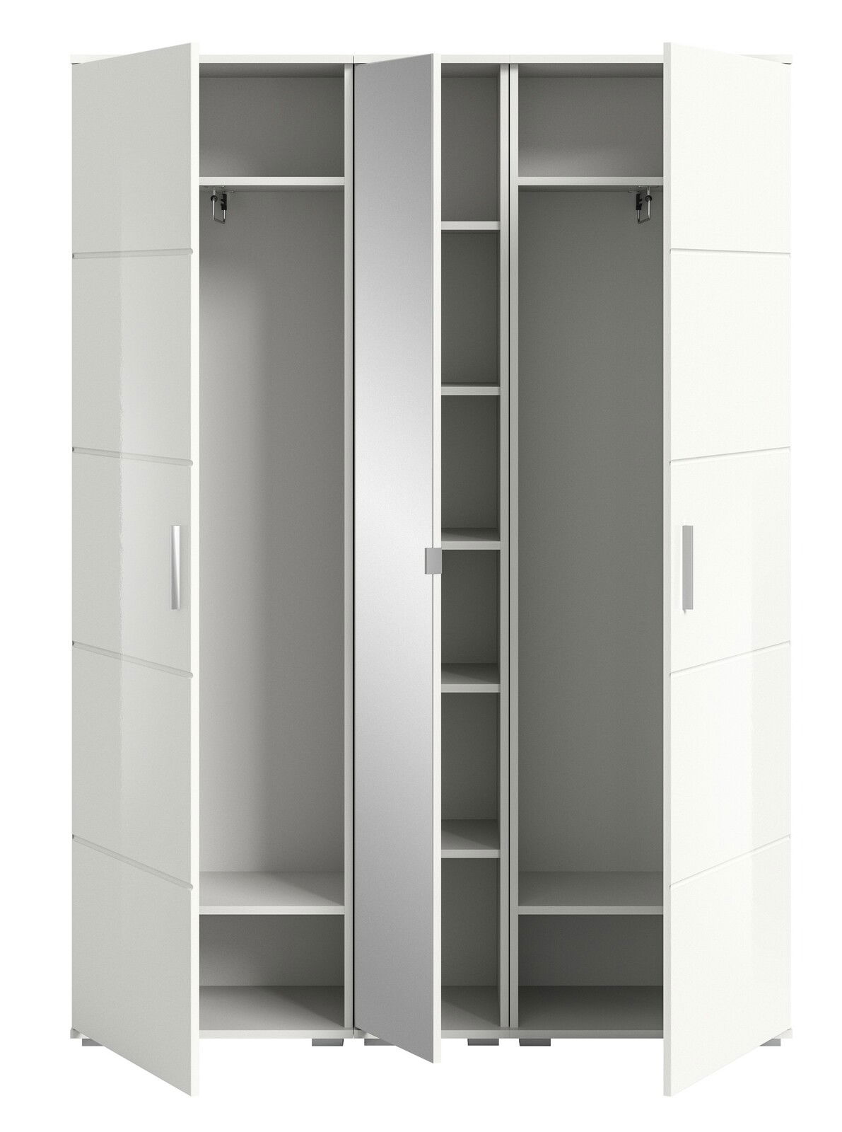 Weiße Garderobenkombination mit mehreren offenen Türen, Regalen und Kleiderstangen, frontal betrachtet.