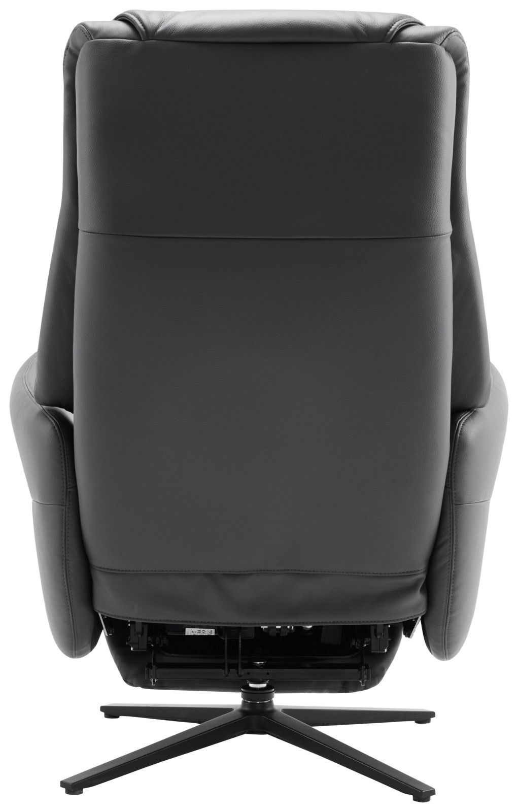Rückansicht eines schwarzen Relaxsessels mit drehbarem Fußgestell.