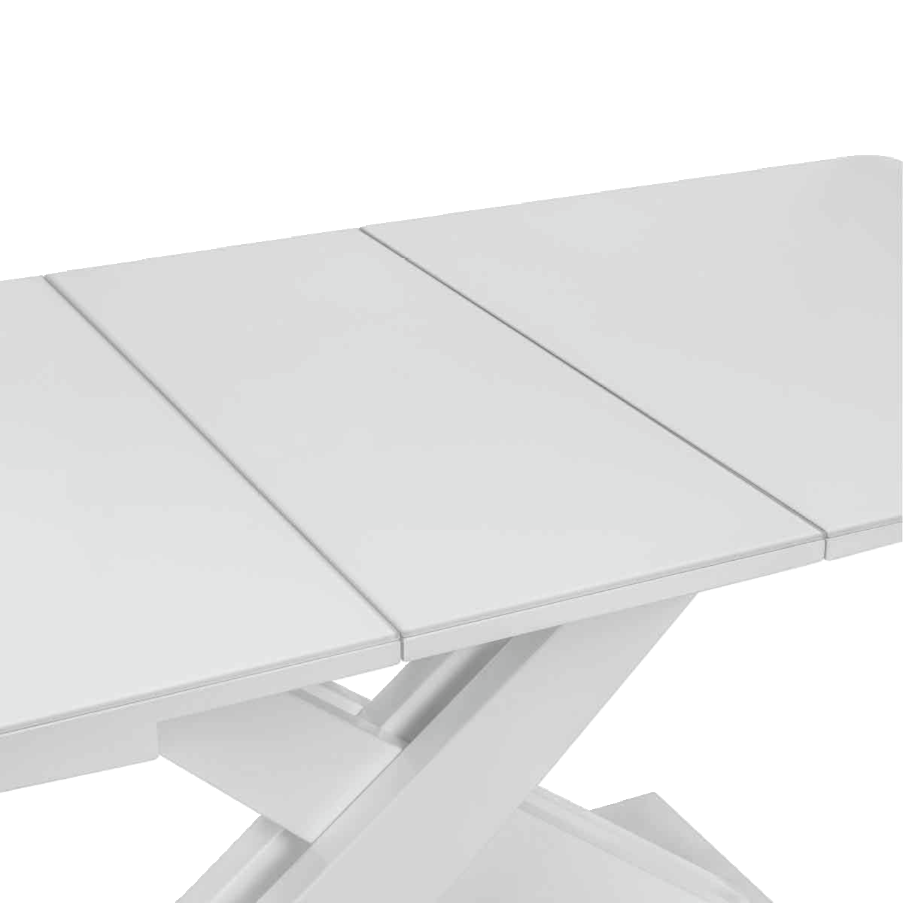 Nahaufnahme eines weißen Funktions-Esstisches mit erweiterbarer Tischplatte und modernem X-förmigem Gestell, von oben betrachtet.
