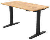 Moderner E-Schreibtisch mit Holzplatte und schwarzen Metallbeinen, seitliche Perspektive
