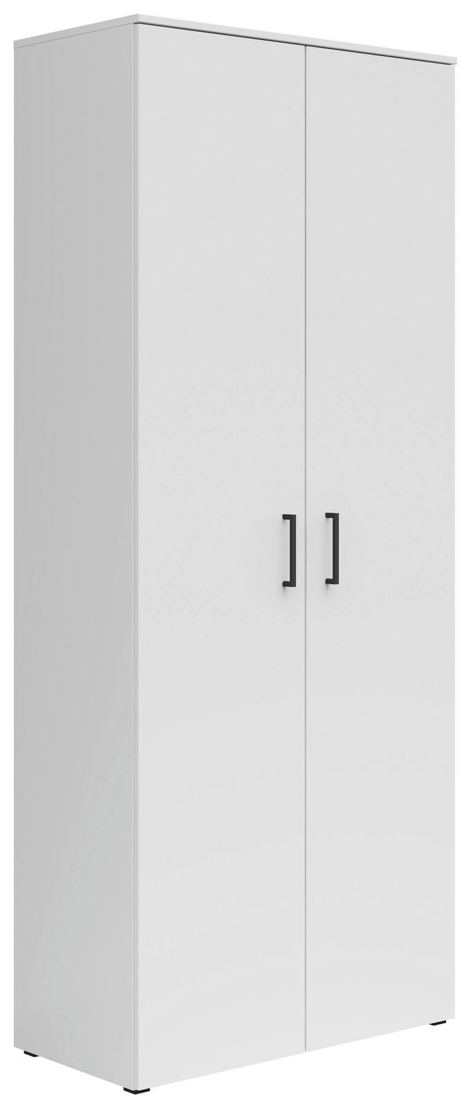 Weißer Mehrzweckschrank mit zwei Türen und schwarzen Griffen, seitliche Perspektive