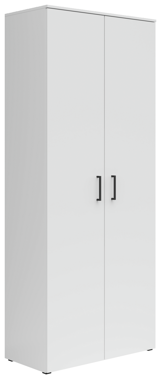 Carryhome Mehrzweckschrank MULTISTAURAUM Weißer Mehrzweckschrank mit zwei Türen und schwarzen Griffen, seitliche Perspektive