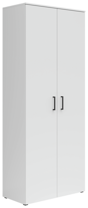 Weißer Mehrzweckschrank mit zwei Türen und schwarzen Griffen, seitliche Perspektive