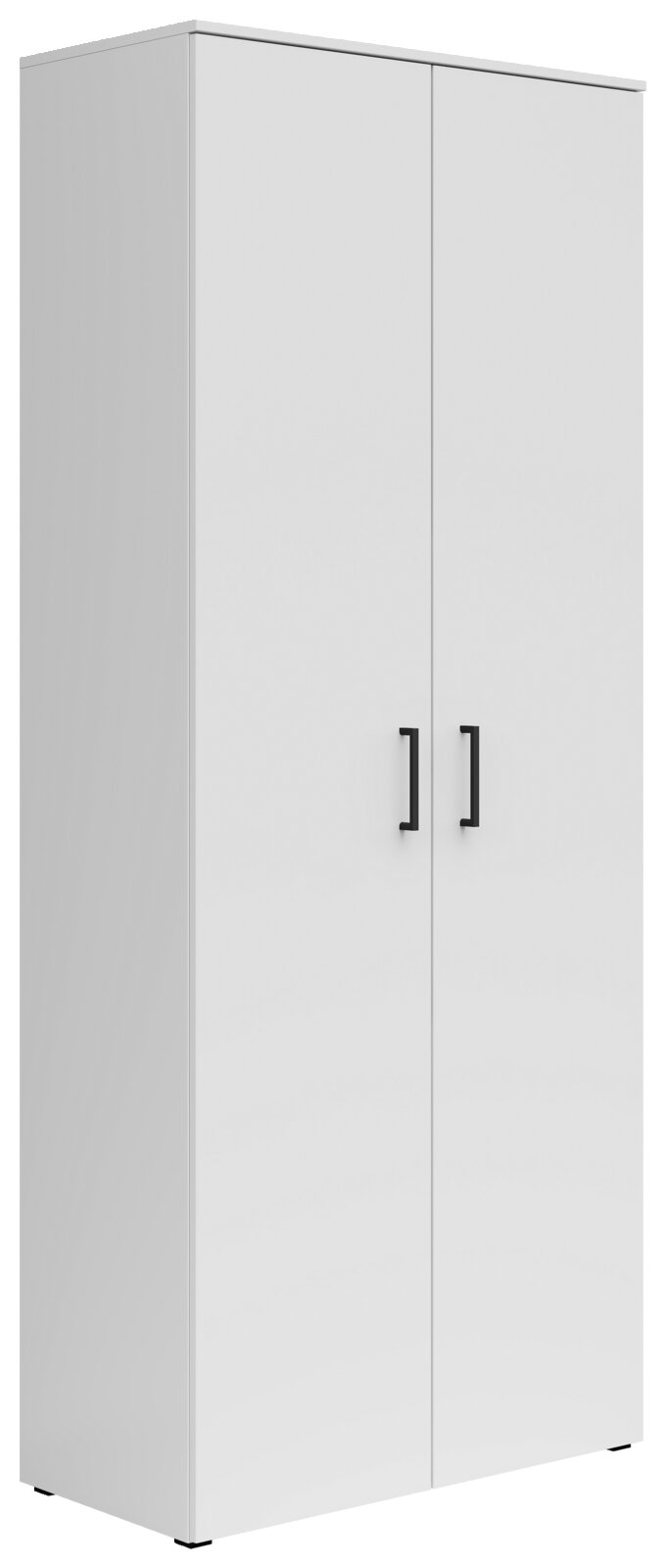 Carryhome Mehrzweckschrank MULTISTAURAUM Weißer Mehrzweckschrank mit zwei Türen und schwarzen Griffen, seitliche Perspektive