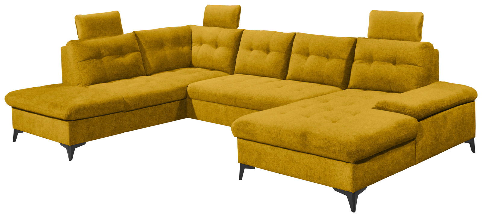 Gelbes Ecksofa in U-Form mit verstellbaren Kopfstützen, perspektivisch von vorne rechts fotografiert.