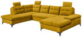 Gelbes Ecksofa in U-Form mit verstellbaren Kopfstützen, perspektivisch von vorne rechts fotografiert.