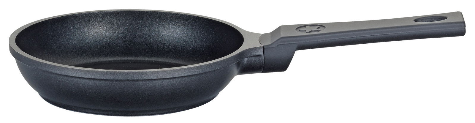 Mini Bratpfanne CLASSIC 18 cm, seitliche Perspektive, schwarzes Design mit ergonomischem Griff.