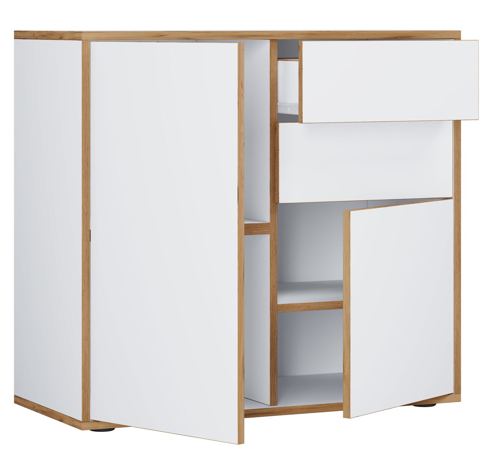 Modernes Sideboard/Kommode in Weiß mit Holzrahmen in Eichenoptik, mit teilweise geöffneten Türen und Schubladen, Ansicht schräg von vorn (3/4-Perspektive) vor weißem Hintergrund