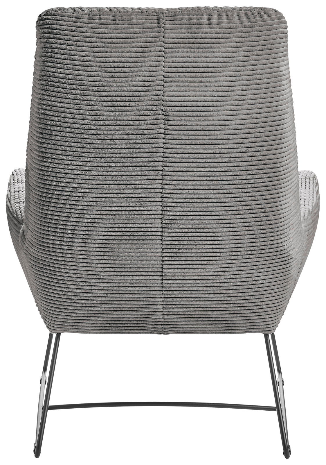 Rückansicht eines grauen Sessels mit geripptem Stoffbezug und schlanken Metallbeinen.