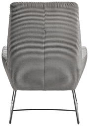 Rückansicht eines grauen Sessels mit geripptem Stoffbezug und schlanken Metallbeinen.