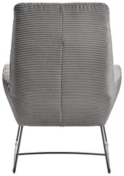 Rückansicht eines grauen Sessels mit geripptem Stoffbezug und schlanken Metallbeinen.