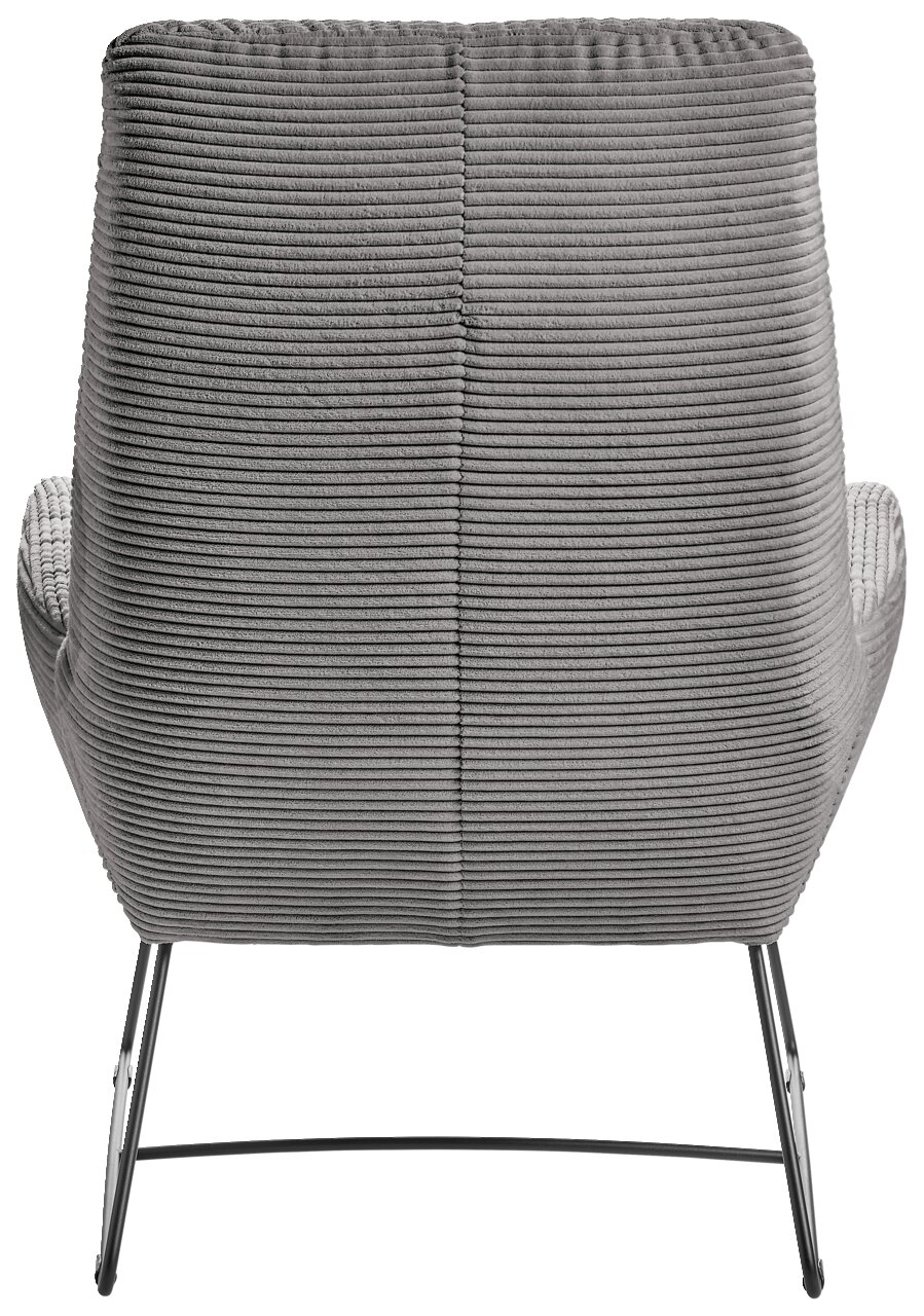 Rückansicht eines grauen Sessels mit geripptem Stoffbezug und schlanken Metallbeinen.