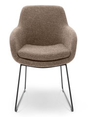 Bruine fauteuil met stoffen bekleding en metalen poten, vooraanzicht