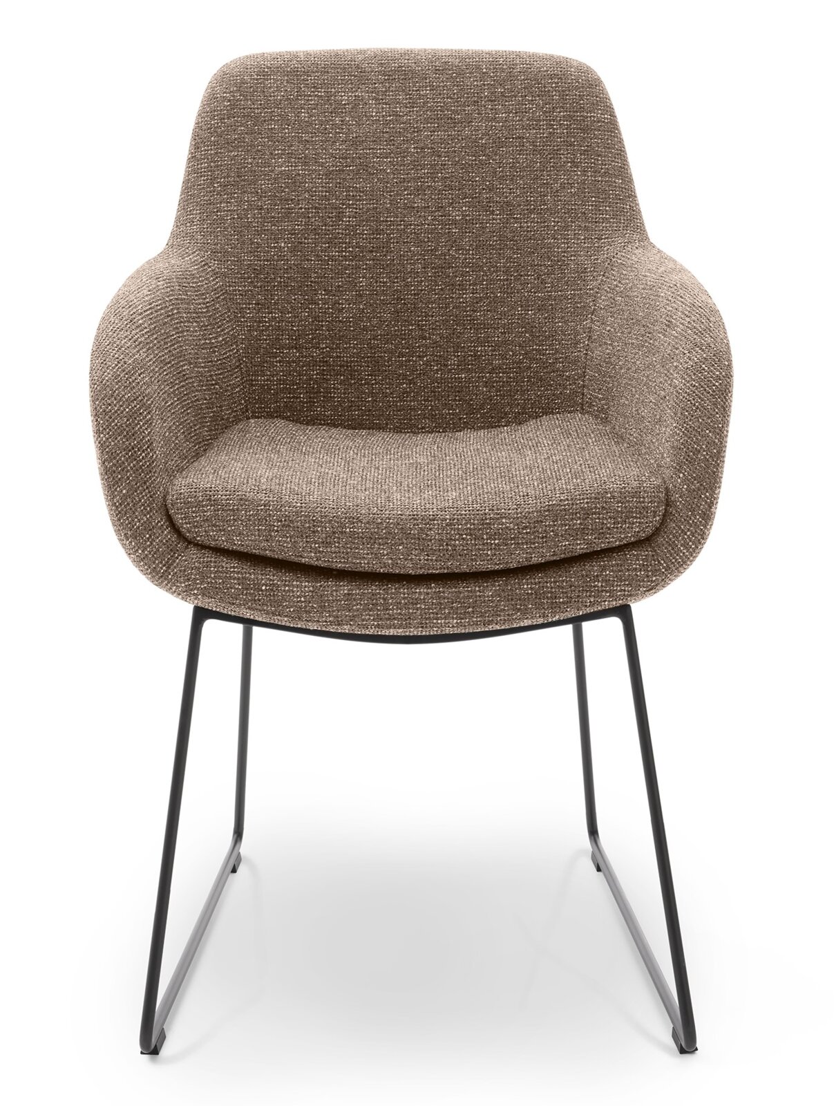 Bruine fauteuil met stoffen bekleding en metalen poten, vooraanzicht