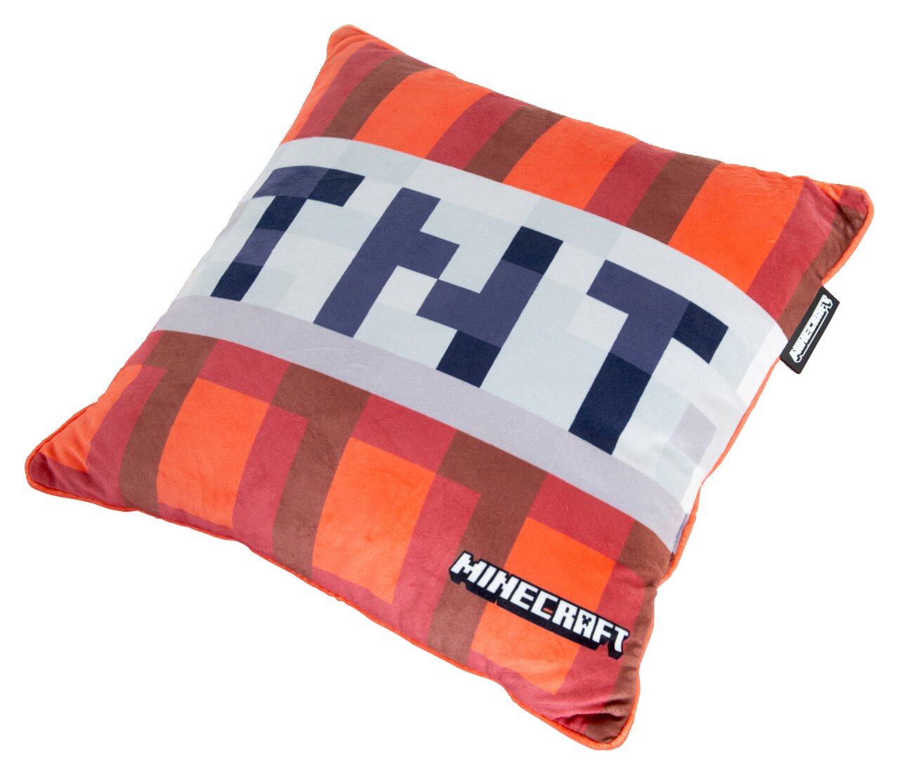 Minecraft-sierkussen met TNT-opschrift in pixelstijl, rood-oranje geruit, vrijstaand op een witte achtergrond, schuin van bovenaf gefotografeerd in driekwartperspectief