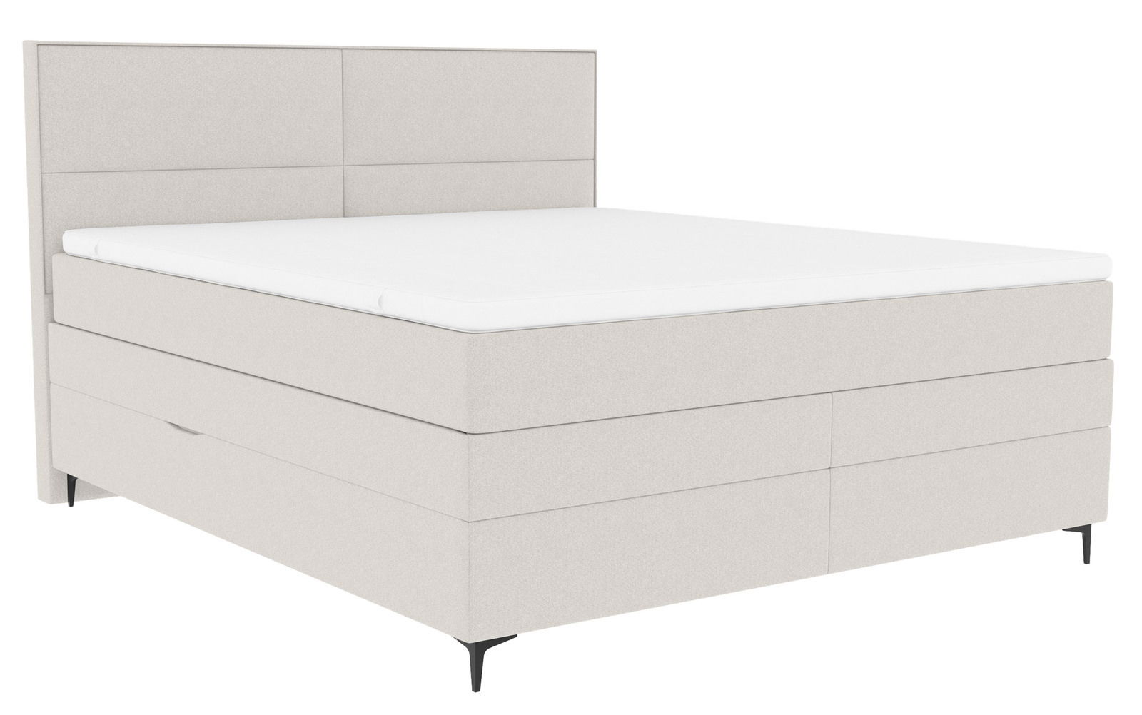 Boxspringbett in seitlicher Perspektive mit hellem Stoffbezug und schlichtem Design.