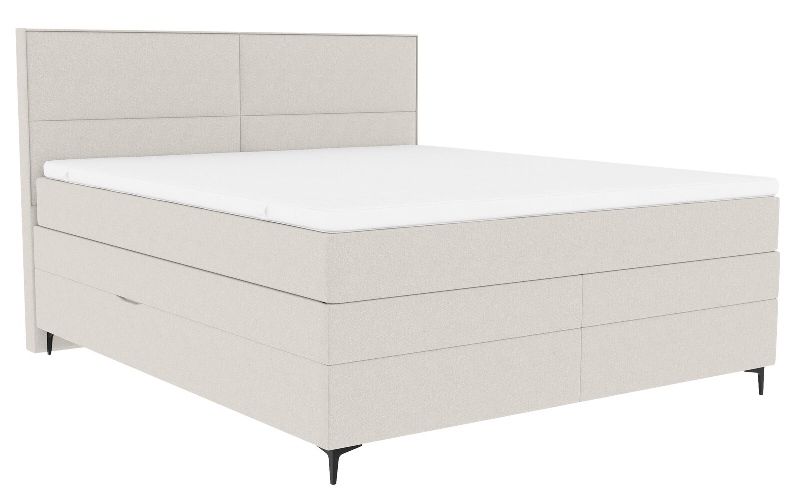 Boxspringbett in seitlicher Perspektive mit hellem Stoffbezug und schlichtem Design.