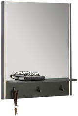 Moderner Wandspiegel mit integrierter Ablage und Haken, seitlich beleuchtet, seitliche Perspektive