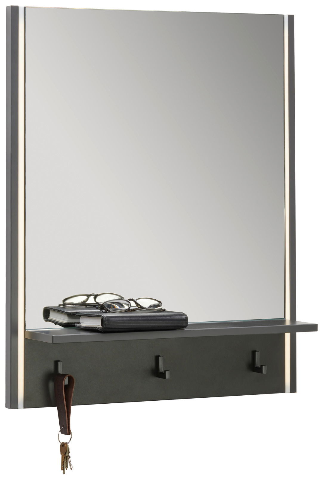 Voleo Spiegel LIGHT UP Moderner Wandspiegel mit integrierter Ablage und Haken, seitlich beleuchtet, seitliche Perspektive