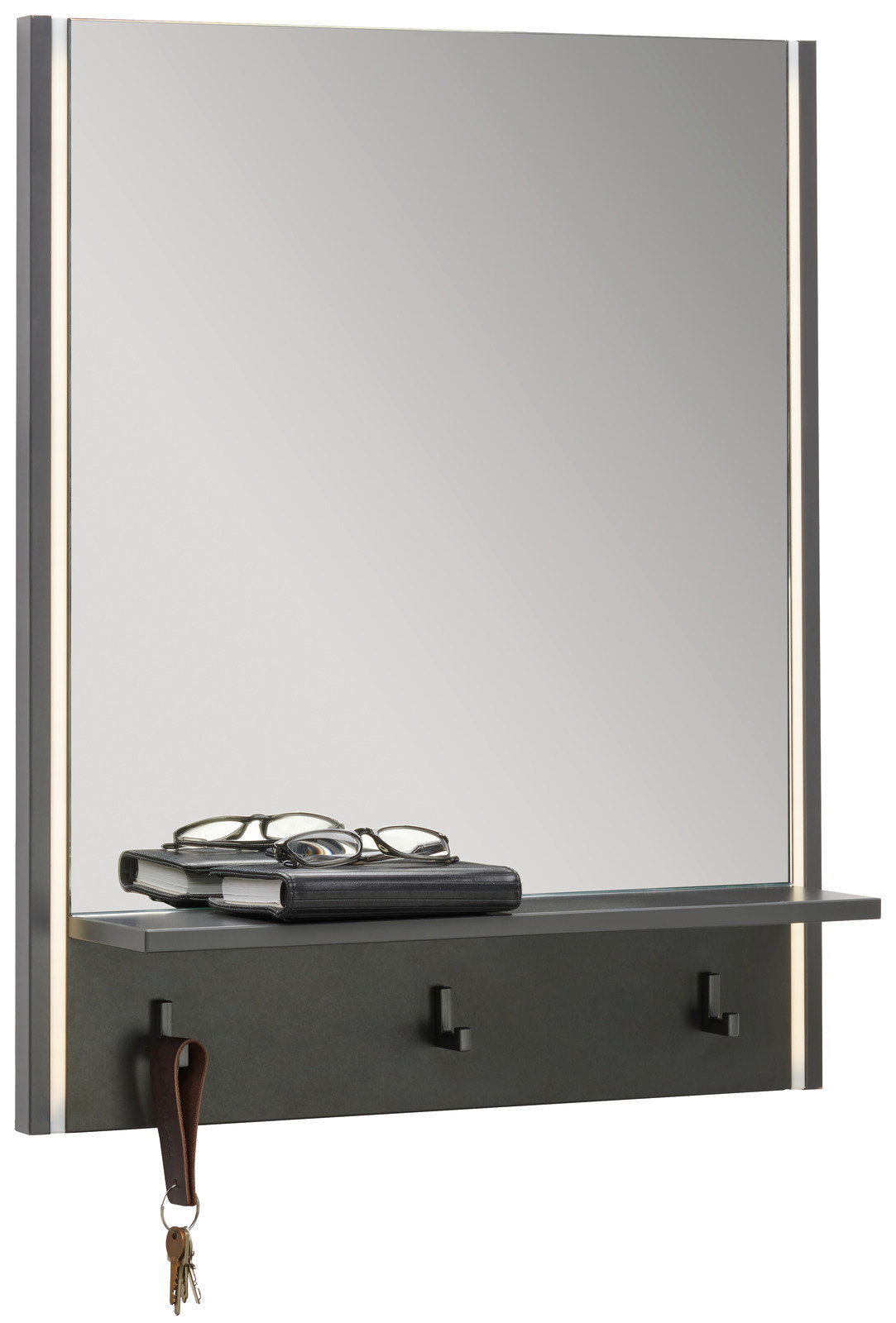 Voleo Spiegel LIGHT UP Moderner Wandspiegel mit integrierter Ablage und Haken, seitlich beleuchtet, seitliche Perspektive