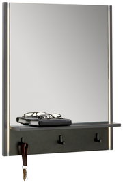 Moderner Wandspiegel mit integrierter Ablage und Haken, seitlich beleuchtet, seitliche Perspektive