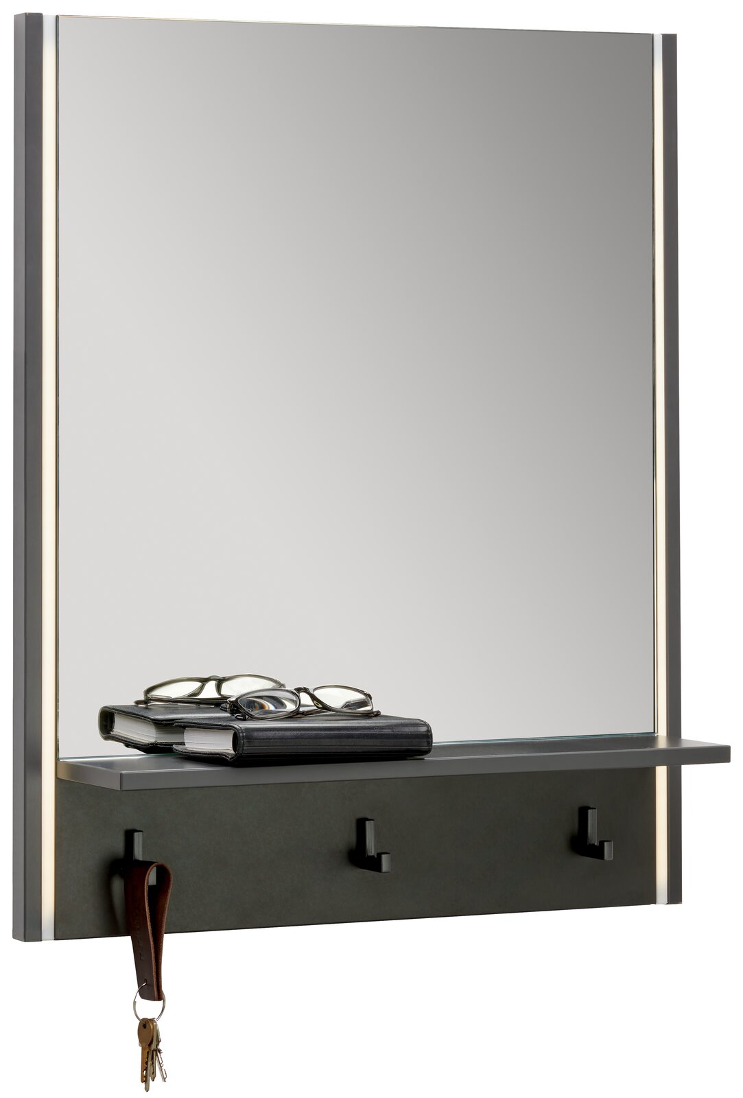 Moderner Wandspiegel mit integrierter Ablage und Haken, seitlich beleuchtet, seitliche Perspektive