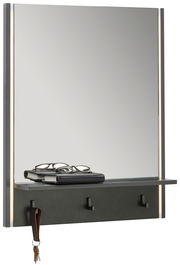 Moderner Wandspiegel mit integrierter Ablage und Haken, seitlich beleuchtet, seitliche Perspektive