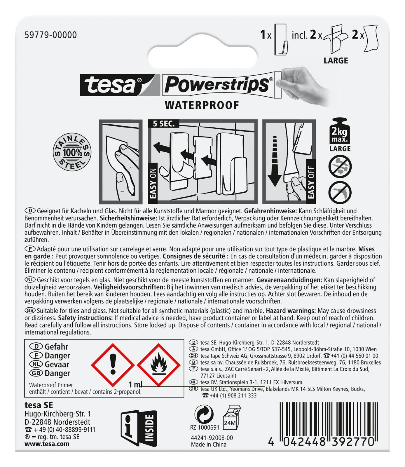 Rückseite der Verpackung von tesa Powerstrips Waterproof, geeignet für Kacheln und Glas, mit Anleitung zur Anwendung in 5 Sekunden, hält bis zu 2 kg, Perspektive von hinten.