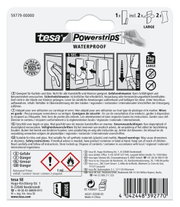 Achterkant van de verpakking van tesa Powerstrips Waterproof, geschikt voor tegels en glas, met gebruiksaanwijzing voor bevestiging in 5 seconden, draagvermogen tot 2 kg, achteraanzicht.