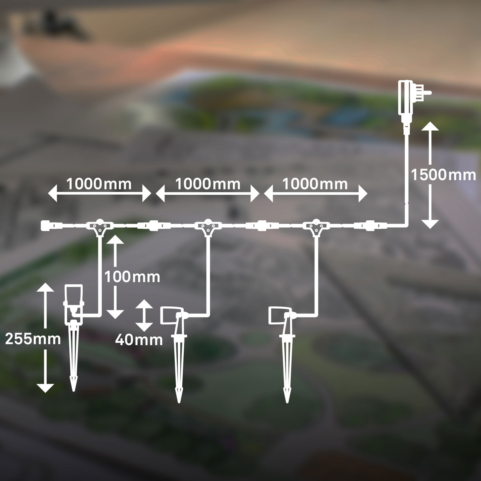 Diagramm eines Erdspieß-Startersets mit drei Erdspießen, die in einer Linie verbunden sind. Die Abstände zwischen den Spießen betragen jeweils 1000 mm, die Höhe der Spieße 255 mm. Perspektive von oben auf das Set.
