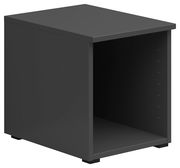 Schwarzer Regalaufsatz aus Holz, perspektivisch von vorne rechts gesehen