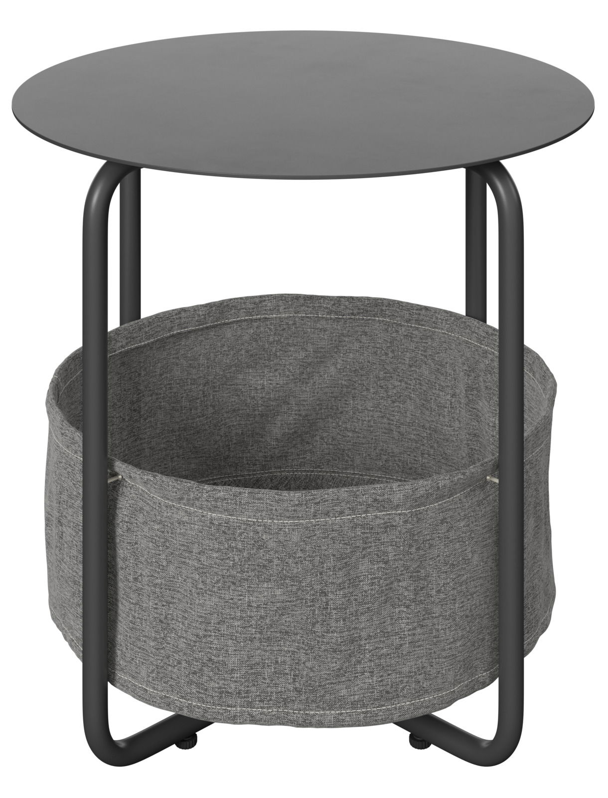 Runder Beistelltisch mit schwarzer Tischplatte und grauem Stoffkorb, seitliche Perspektive