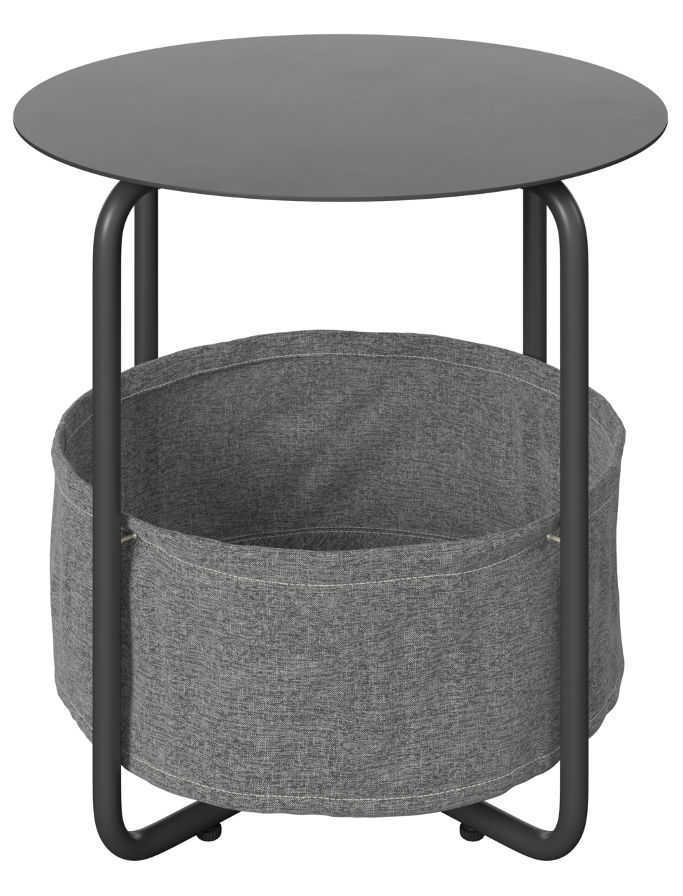 Runder Beistelltisch mit schwarzer Tischplatte und grauem Stoffkorb, seitliche Perspektive