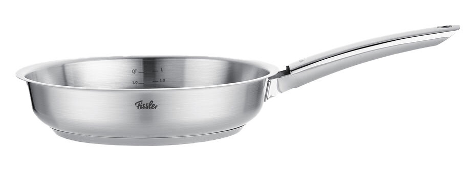 Edelstahlpfanne mit langem Griff, seitliche Perspektive