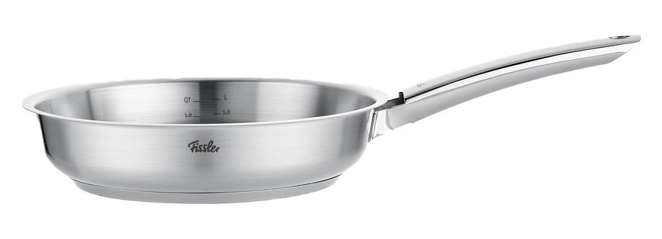 Edelstahlpfanne mit langem Griff, seitliche Perspektive
