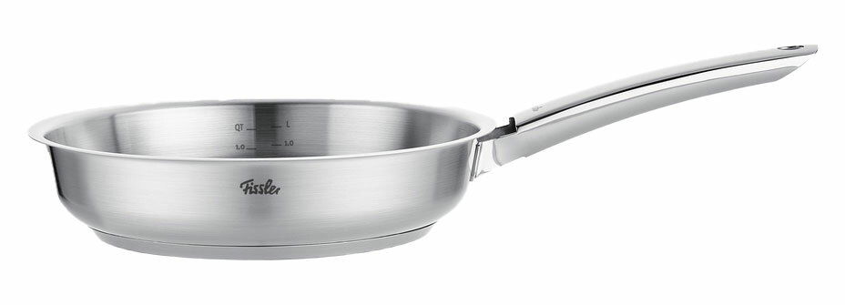 Edelstahlpfanne mit langem Griff, seitliche Perspektive