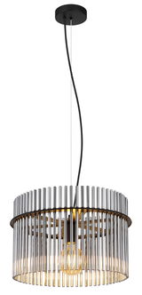 Moderne Hängeleuchte GORLEY mit zylindrischen Metallstäben und sichtbarer Glühbirne, seitliche Perspektive