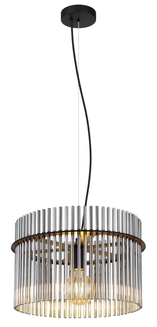 Moderne Hängeleuchte GORLEY mit zylindrischen Metallstäben und sichtbarer Glühbirne, seitliche Perspektive