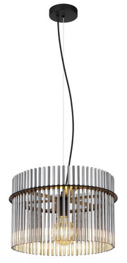 Moderne Hängeleuchte GORLEY mit zylindrischen Metallstäben und sichtbarer Glühbirne, seitliche Perspektive