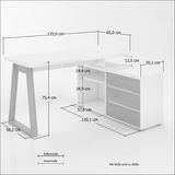 Moderner Eckschreibtisch in Weiß mit Holzdetails, seitliche Perspektive, zeigt Maße und Stauraum.