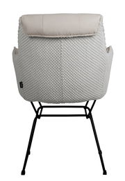 Rückansicht eines Armlehnstuhls mit hellgrauem, strukturiertem Stoffbezug und schwarzem Metallgestell.