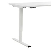 Weißer höhenverstellbarer E-Schreibtisch Voleo aus der Serie EFLEX, seitliche Perspektive auf das Tischbein und die Tischplatte.