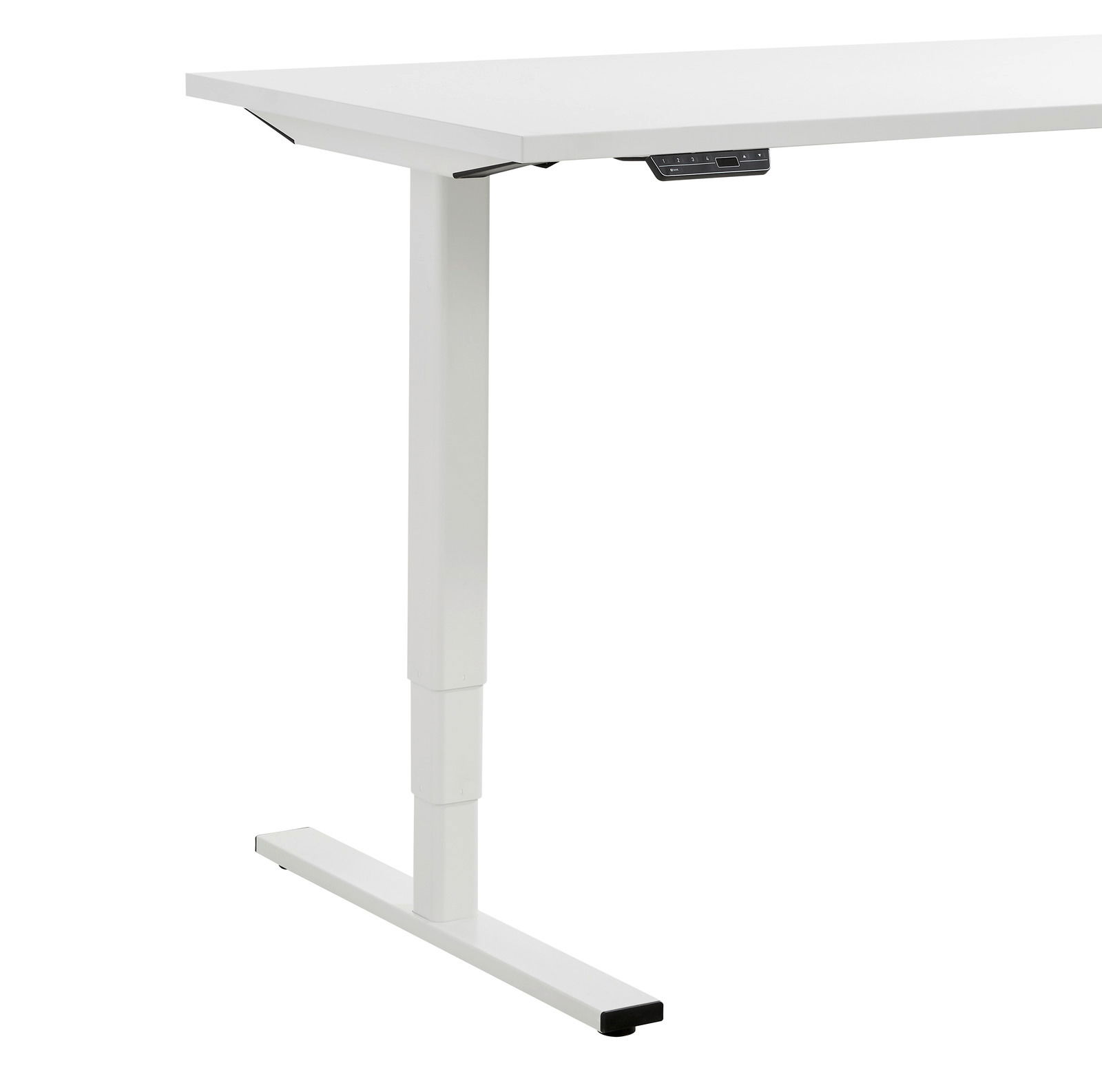 Weißer höhenverstellbarer E-Schreibtisch Voleo aus der Serie EFLEX, seitliche Perspektive auf das Tischbein und die Tischplatte.