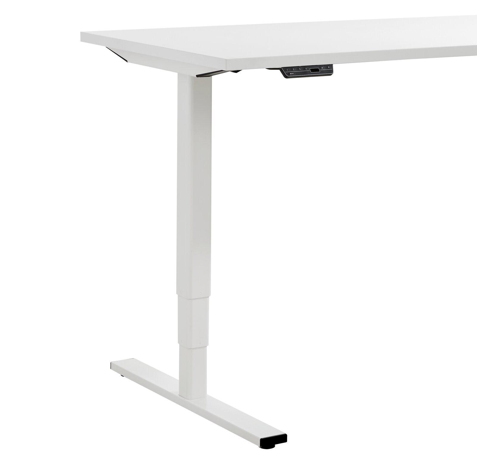 Weißer höhenverstellbarer E-Schreibtisch Voleo aus der Serie EFLEX, seitliche Perspektive auf das Tischbein und die Tischplatte.