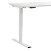 Weißer höhenverstellbarer E-Schreibtisch Voleo aus der Serie EFLEX, seitliche Perspektive auf das Tischbein und die Tischplatte.