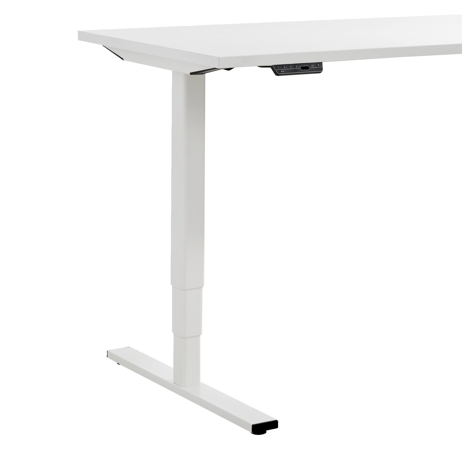 Weißer höhenverstellbarer E-Schreibtisch Voleo aus der Serie EFLEX, seitliche Perspektive auf das Tischbein und die Tischplatte.