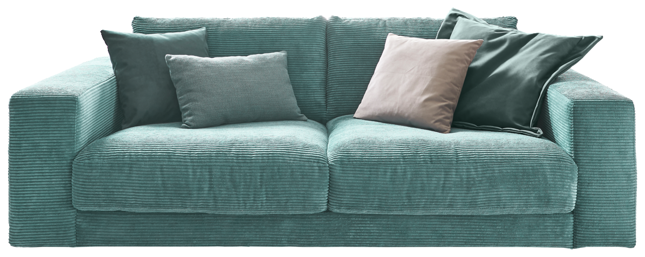 Lounge Handmade Sofa 2-Sitzer LH-SAMBIA Zweiersofa in Türkis mit mehreren Kissen, Vorderansicht