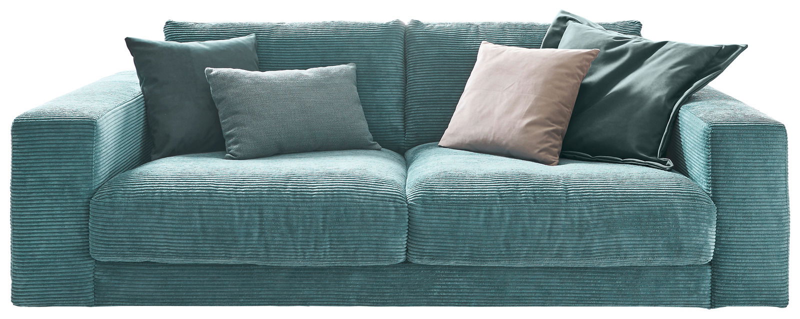 Zweiersofa in Türkis mit mehreren Kissen, Vorderansicht