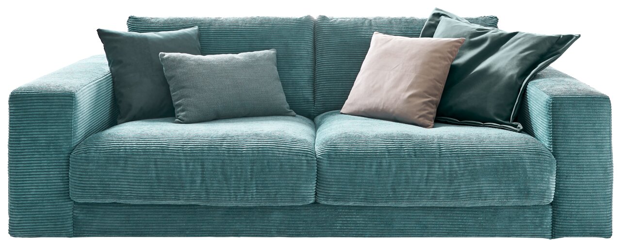 Zweiersofa in Türkis mit mehreren Kissen, Vorderansicht