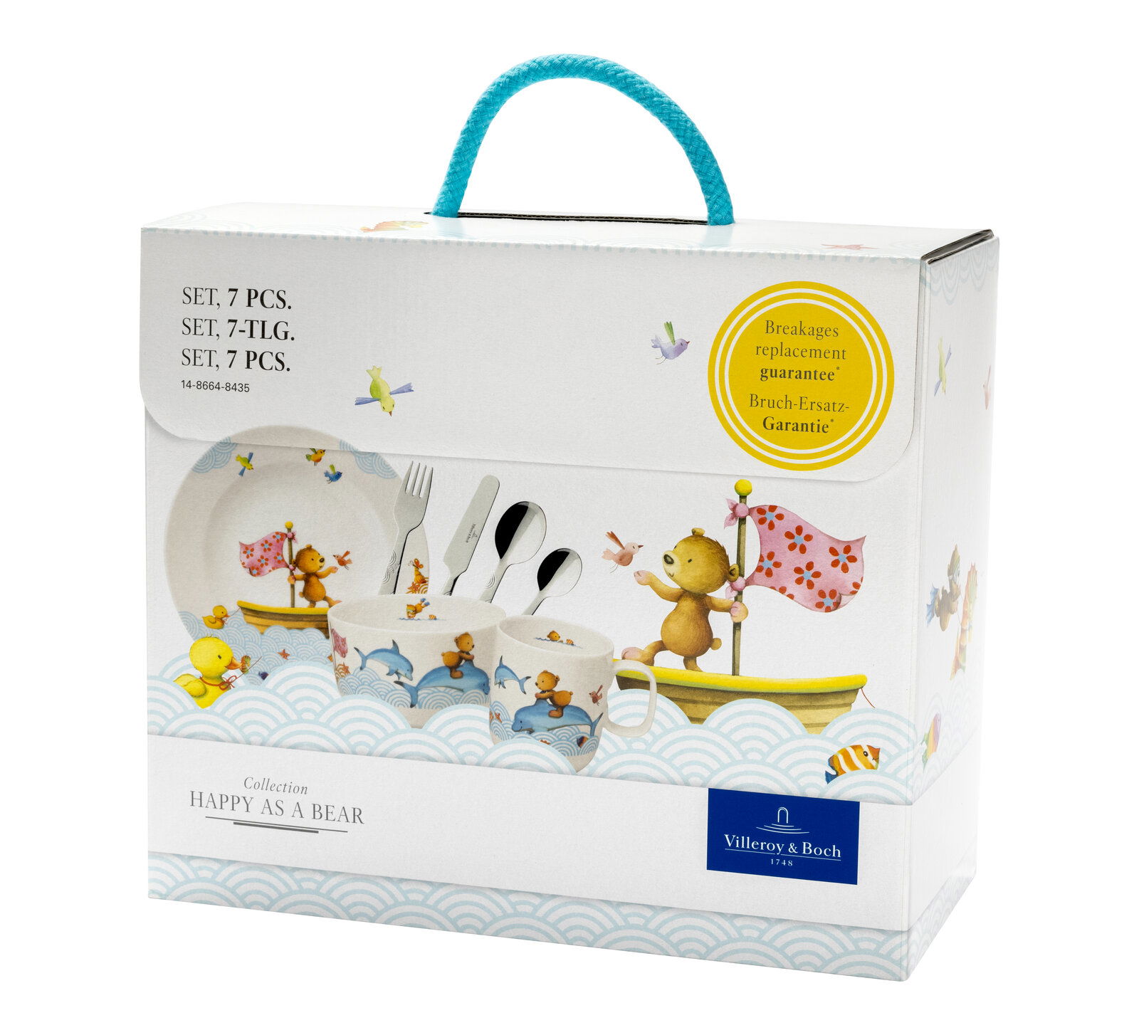 Kinder Geschirr-Set 7-teilig mit fröhlichen Tiermotiven, Vorderansicht der Verpackung